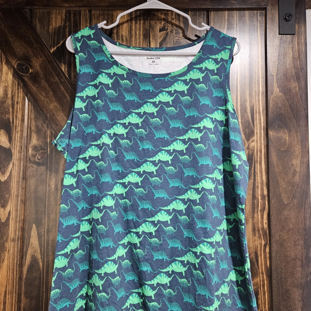 Svaha Dinosaur Pattern Tank Top - Teal and Navy